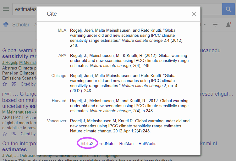 Google Scholar citation page: Click on “BibTeX”